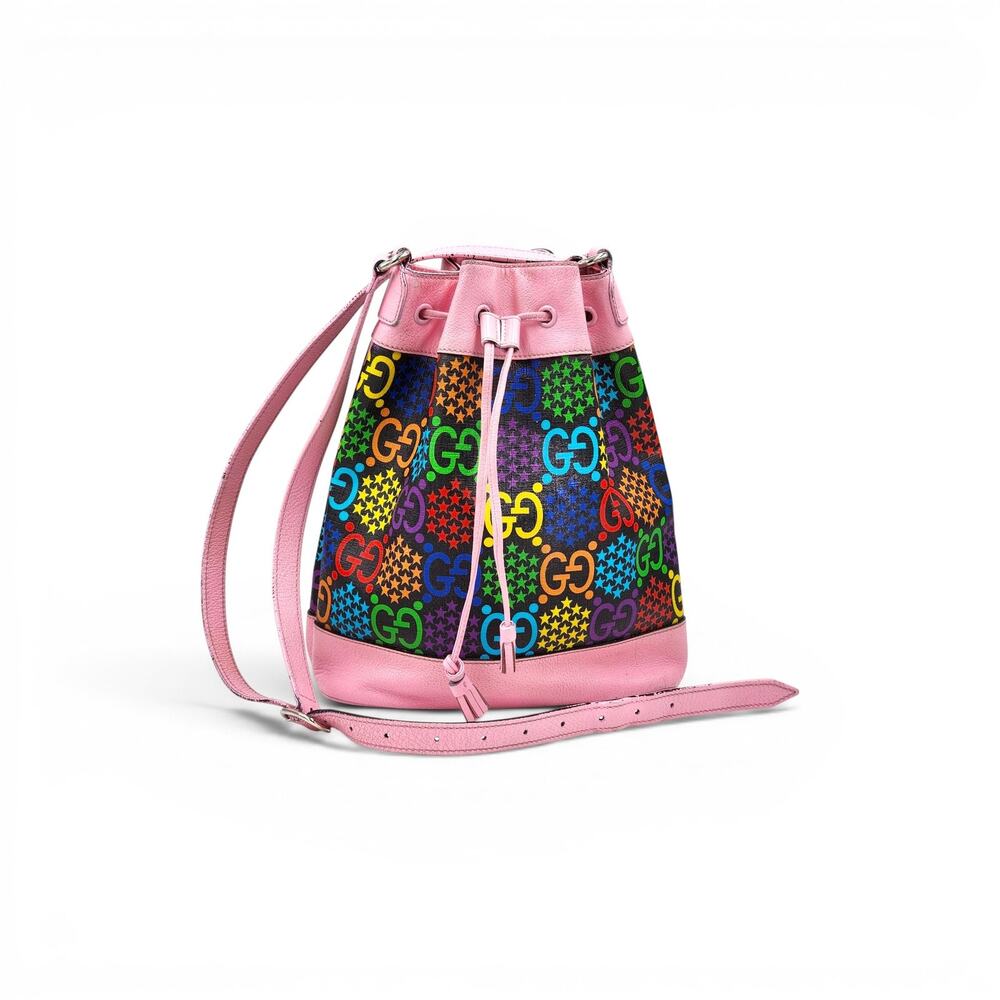 Gucci GG Psychedelic Pink Leather Multicolor Canvas Bucket Bag - Preowned